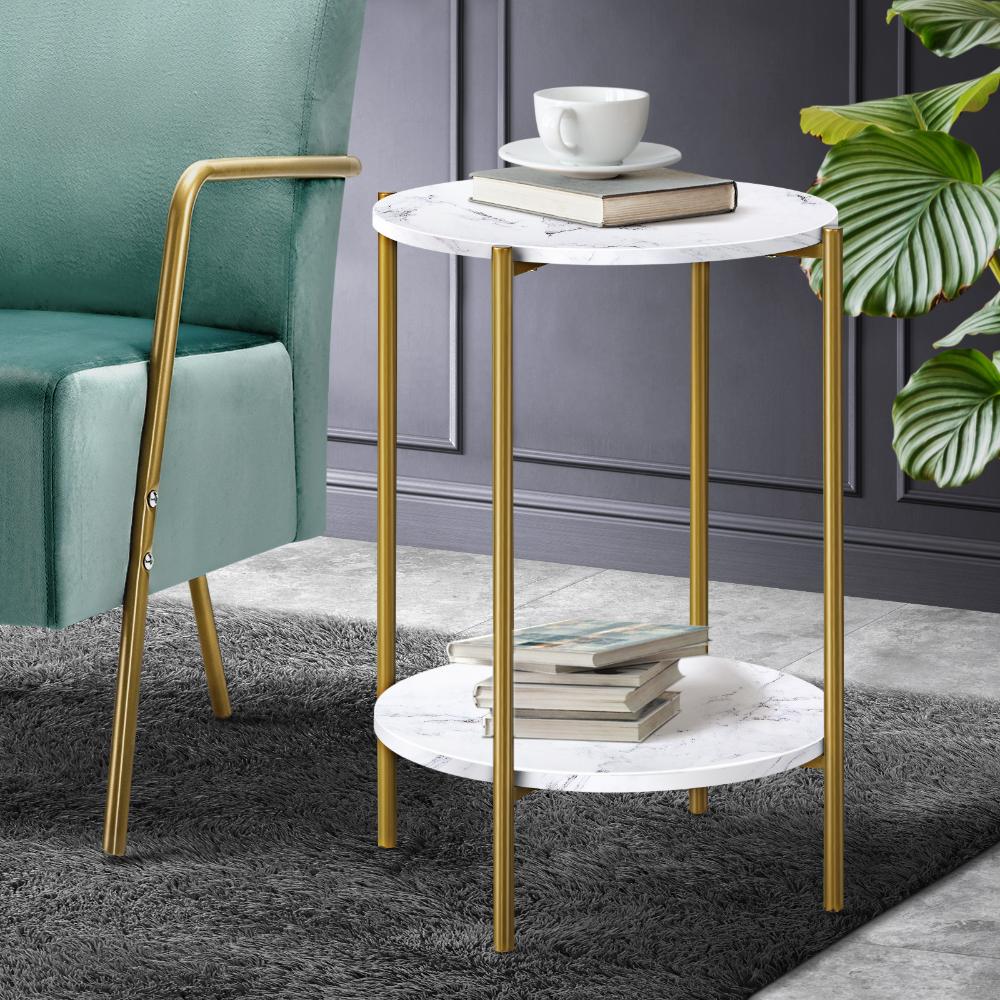 End Table, Oikiture Round Side Table Coffee Table 2 Tier Bedside Table-Bedside Tables-PEROZ Accessories