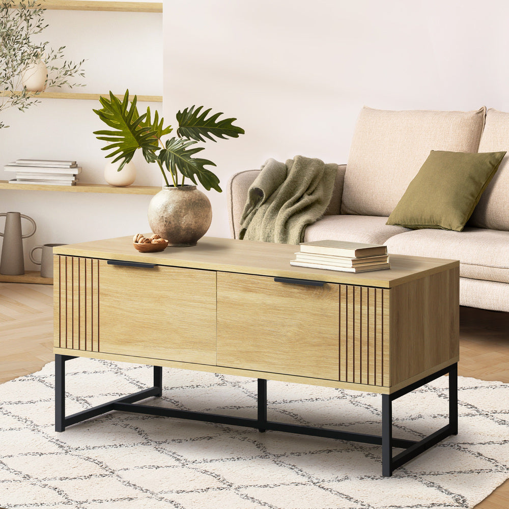 Oikiture Coffee Table with Storage Drawers Wooden Natural-Coffee Tables-PEROZ Accessories