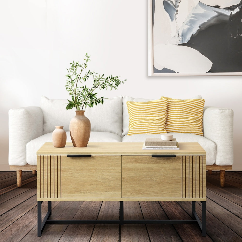 Oikiture Coffee Table with Storage Drawers Wooden Natural-Coffee Tables-PEROZ Accessories