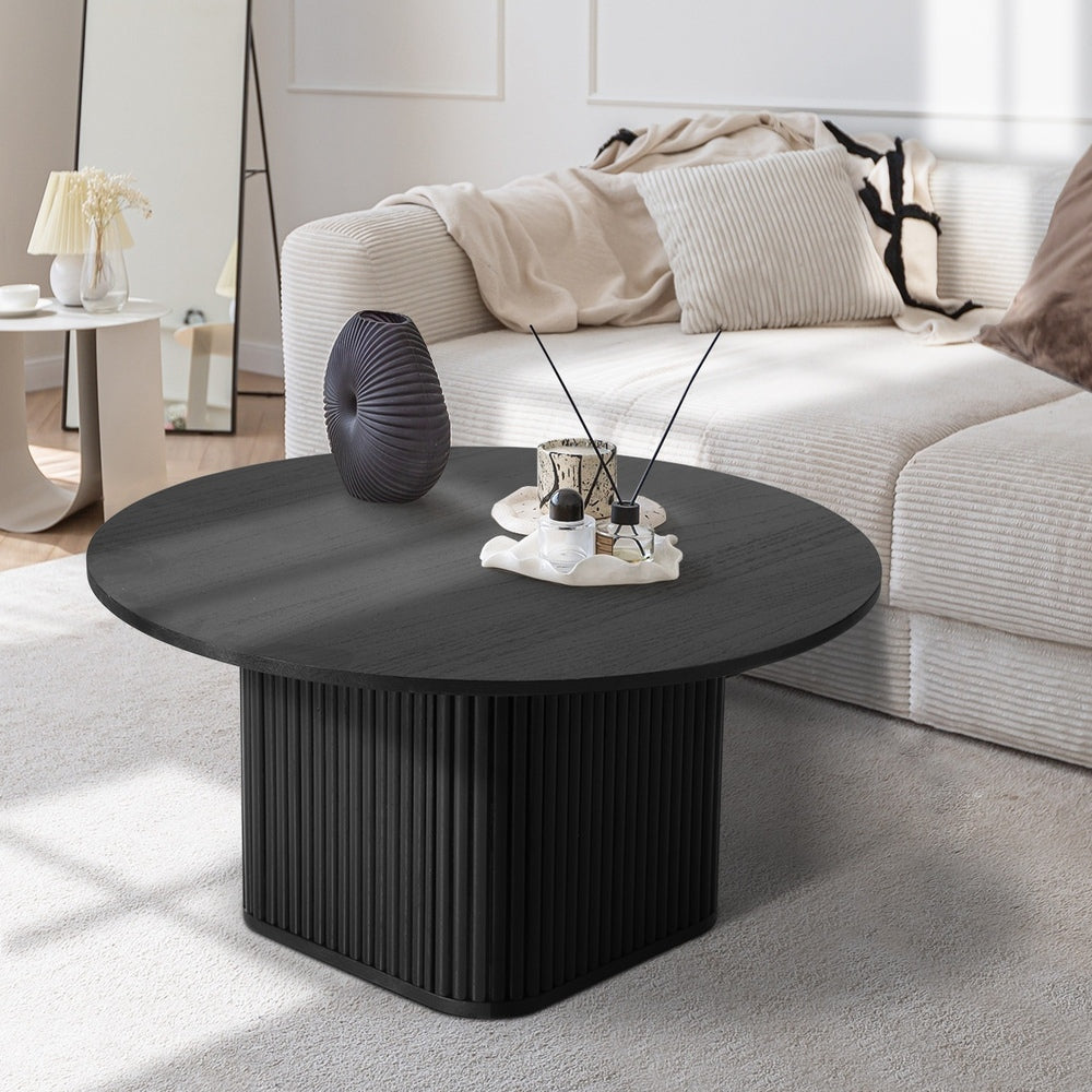 Oikiture Coffee Table Round Wooden Black-Coffee Table-PEROZ Accessories