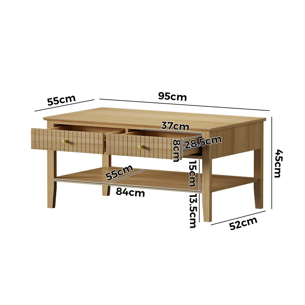 Oikiture Coffee Table with Storage Drawers Open Shelving Natural-Coffee Tables-PEROZ Accessories