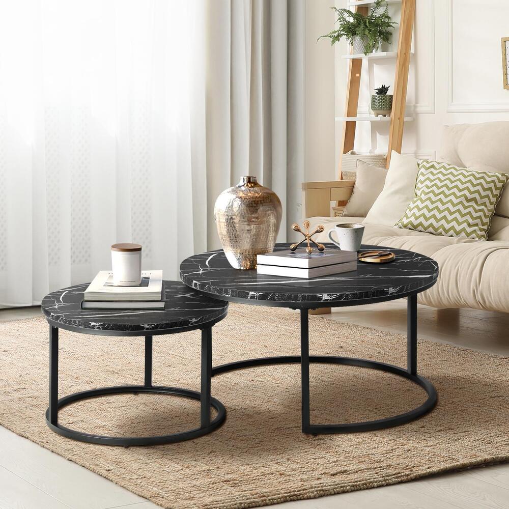 Oikiture Set of 2 Coffee Table Round Nesting Side End Table Black-Coffee Tables-PEROZ Accessories