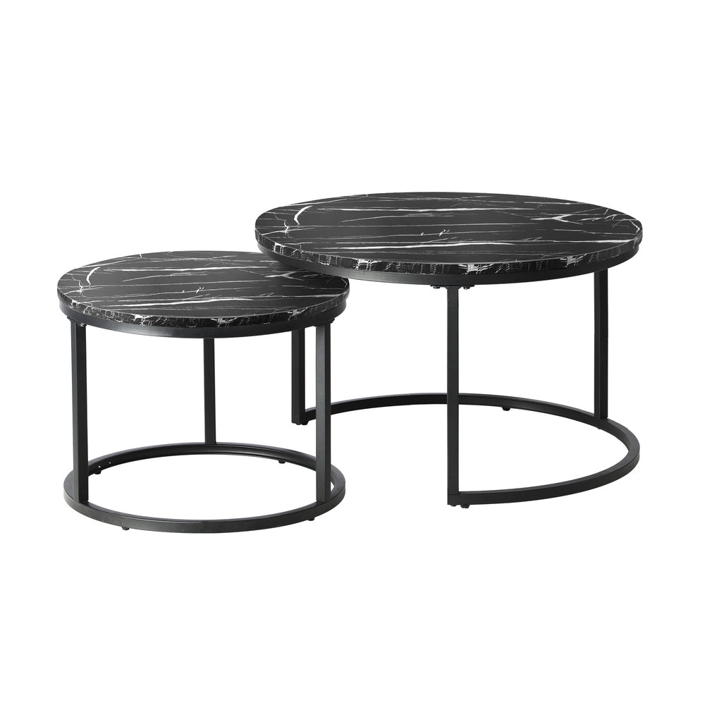 Oikiture Set of 2 Coffee Table Round Nesting Side End Table Black-Coffee Tables-PEROZ Accessories