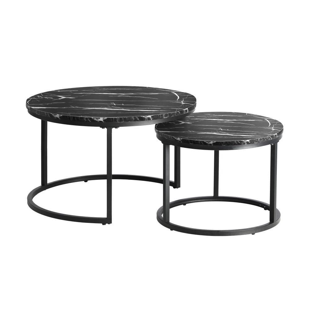 Oikiture Set of 2 Coffee Table Round Nesting Side End Table Black-Coffee Tables-PEROZ Accessories