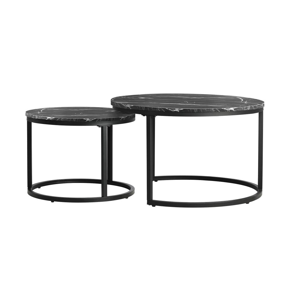 Oikiture Set of 2 Coffee Table Round Nesting Side End Table Black-Coffee Tables-PEROZ Accessories