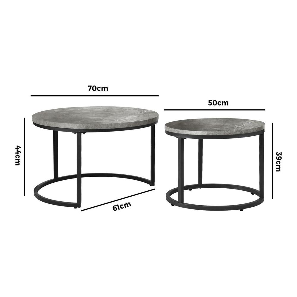 Oikiture Set of 2 Coffee Table Round Marble Nesting Side End Table Grey & Black-Coffee Tables-PEROZ Accessories