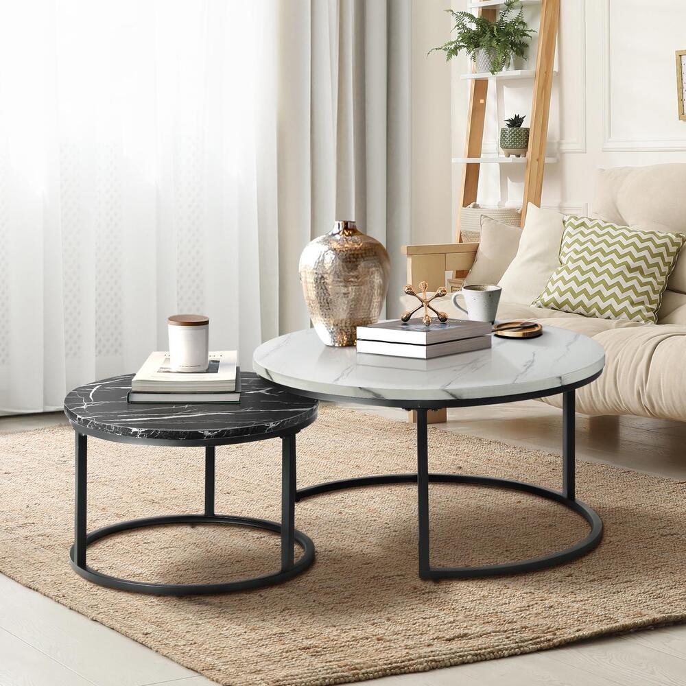 Oikiture Set of 2 Coffee Table Round Nesting Side End Table White & Black-Coffee Tables-PEROZ Accessories