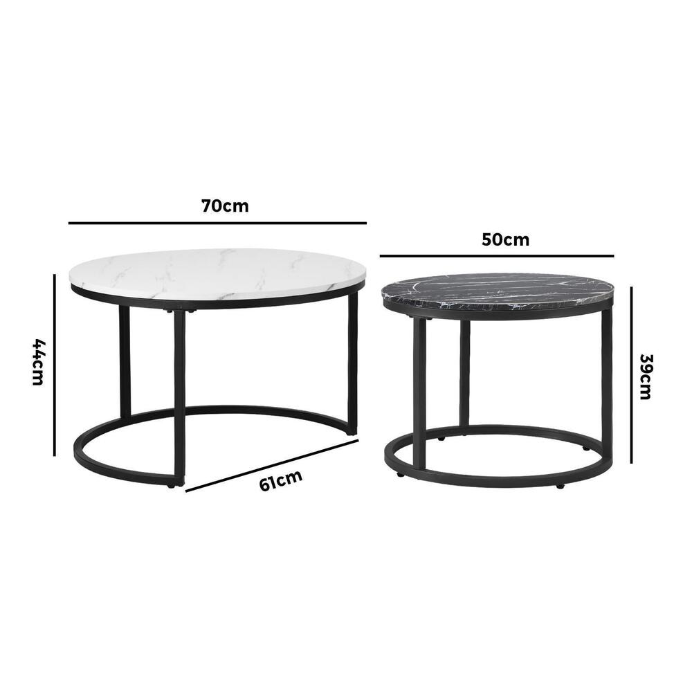 Oikiture Set of 2 Coffee Table Round Nesting Side End Table White & Black-Coffee Tables-PEROZ Accessories