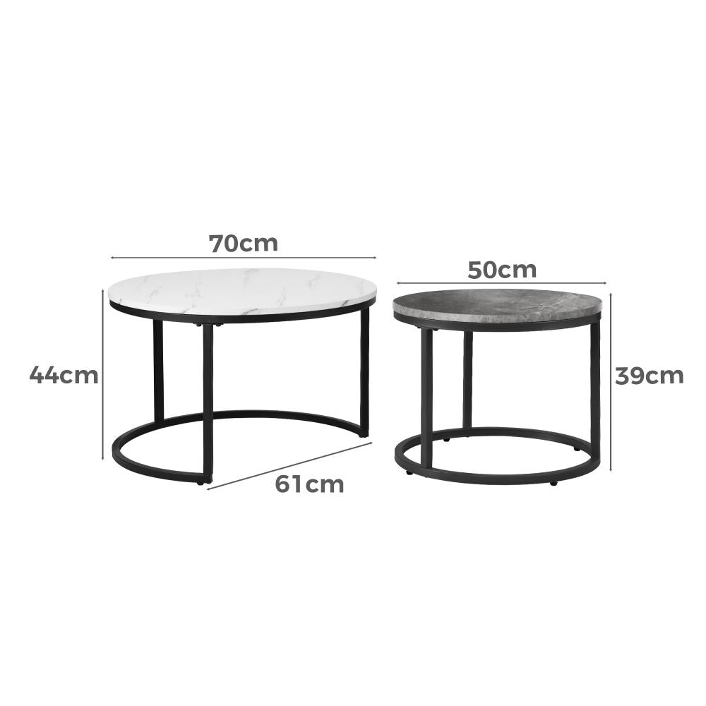 Oikiture Set of 2 Coffee Table Round Nesting Side End Table White &amp; Grey-Coffee Tables-PEROZ Accessories