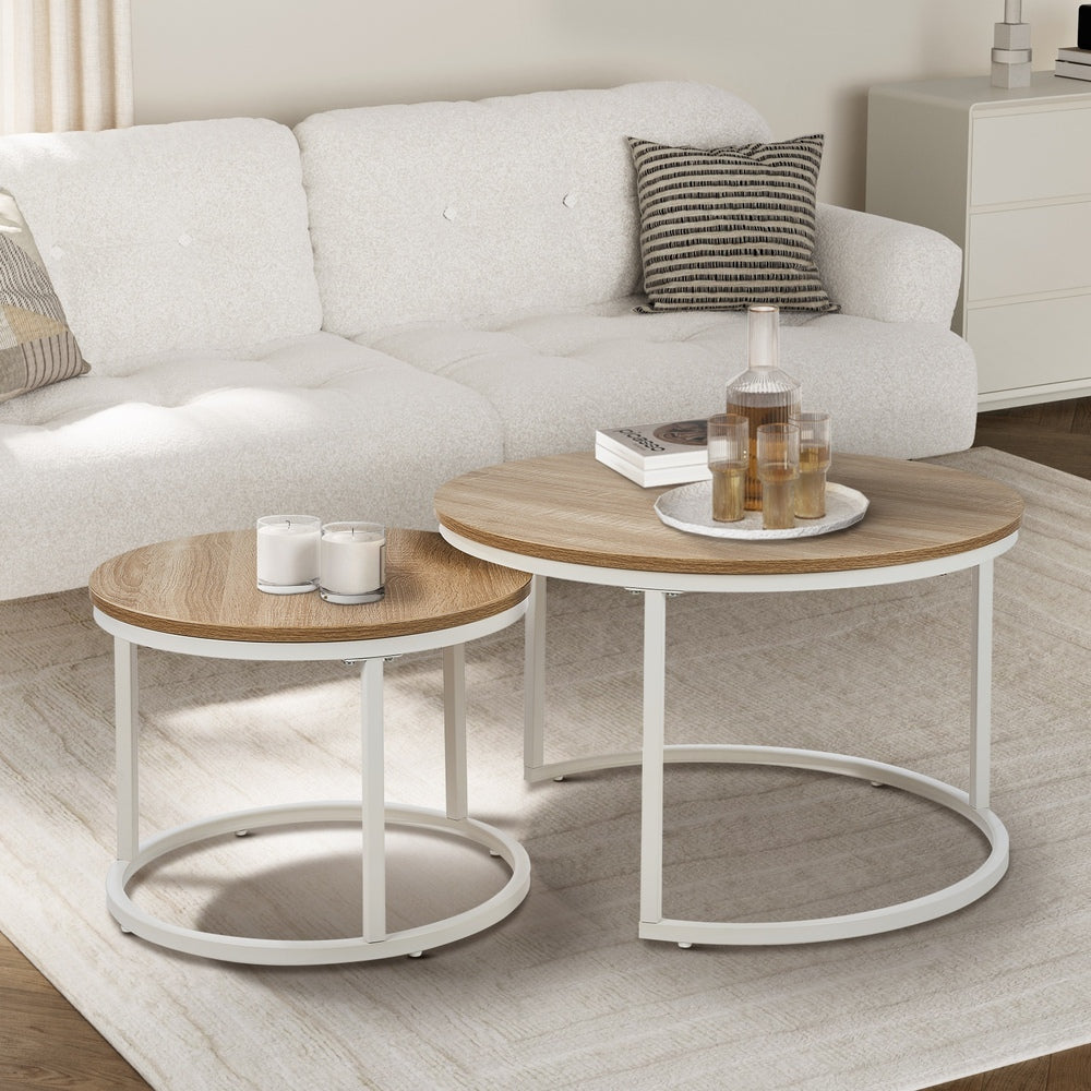 Oikiture Set of 2 Nesting Coffee Table Round Natural & White-Coffee Table-PEROZ Accessories