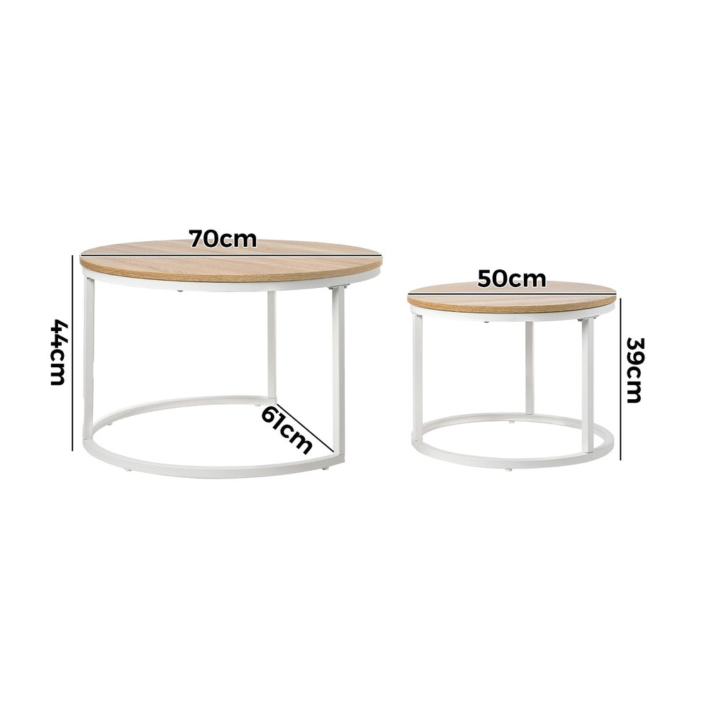 Oikiture Set of 2 Nesting Coffee Table Round Natural & White-Coffee Table-PEROZ Accessories