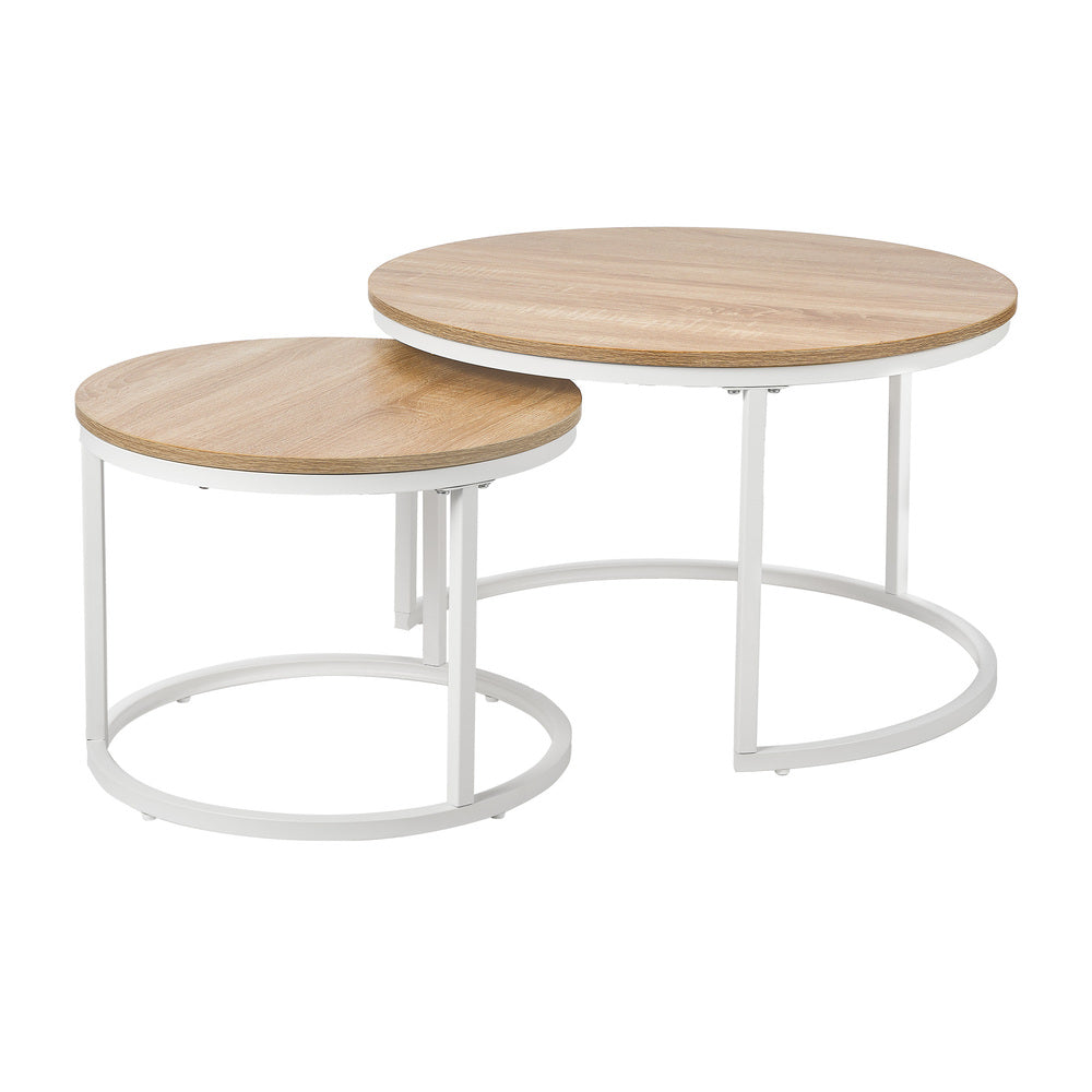 Oikiture Set of 2 Nesting Coffee Table Round Natural & White-Coffee Table-PEROZ Accessories