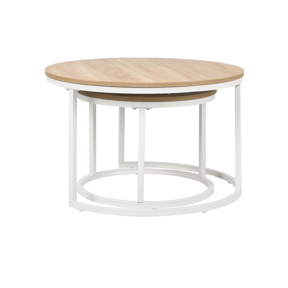 Oikiture Set of 2 Nesting Coffee Table Round Natural & White-Coffee Table-PEROZ Accessories