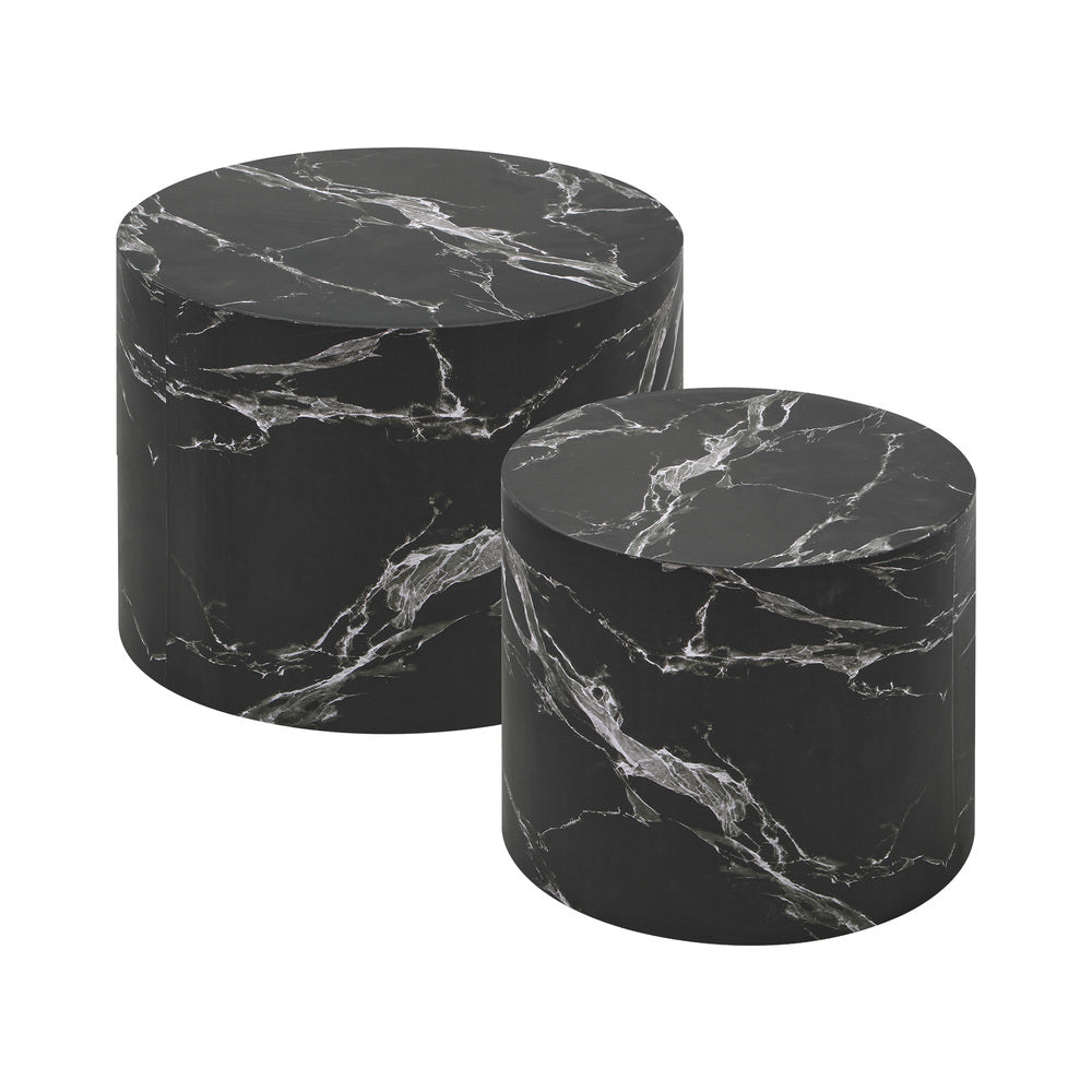 Oikiture Round Coffee Table Set of 2 Marble Effect Black-Coffee Table-PEROZ Accessories