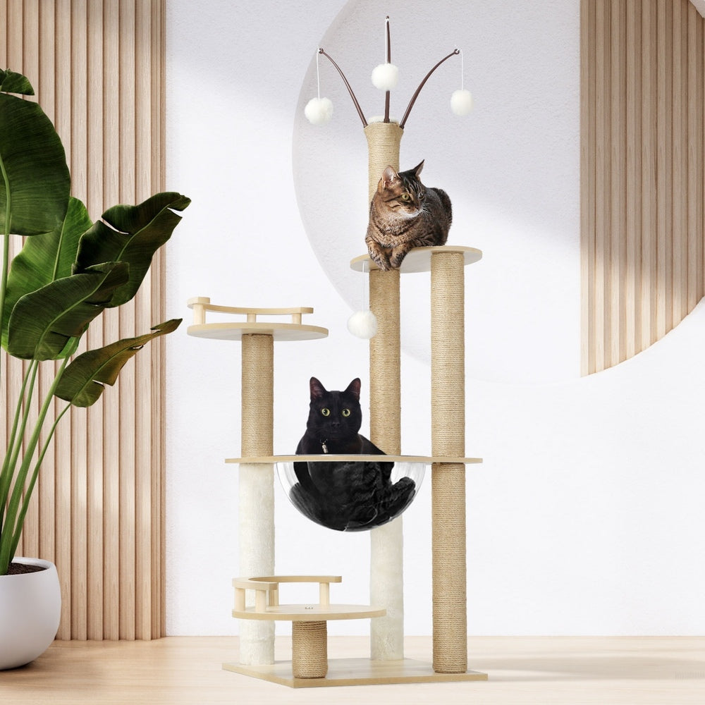 Alopet 132cm Cat Tree Wooden Cat Tower with Cat Scratching Post and Acrylic Bowl-Cat Trees-PEROZ Accessories