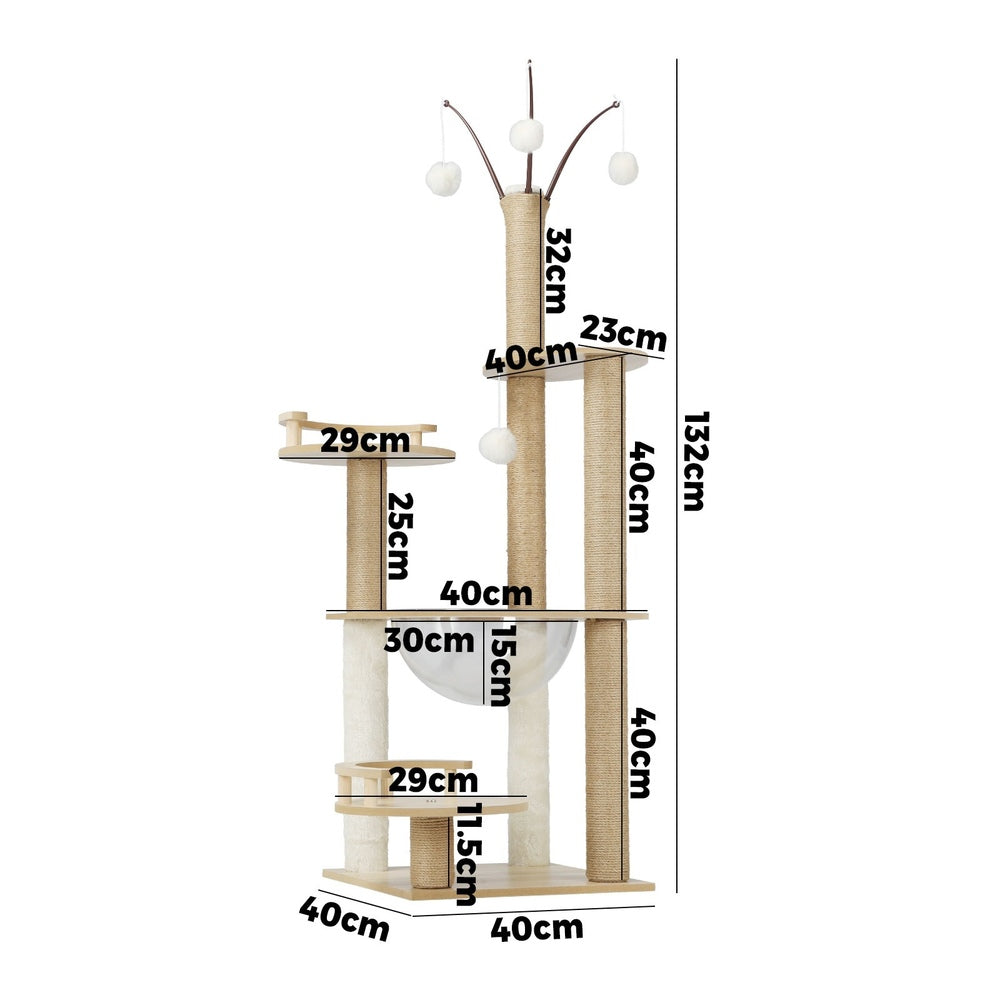 Alopet 132cm Cat Tree Wooden Cat Tower with Cat Scratching Post and Acrylic Bowl-Cat Trees-PEROZ Accessories
