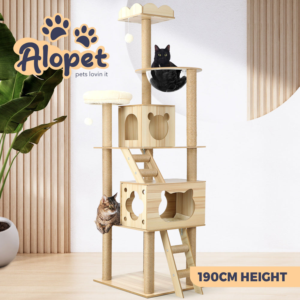 Alopet 190cm Wooden Cat Tree with Ladder, Cat Condo and Scratching Post Cat Tower-Cat Trees-PEROZ Accessories