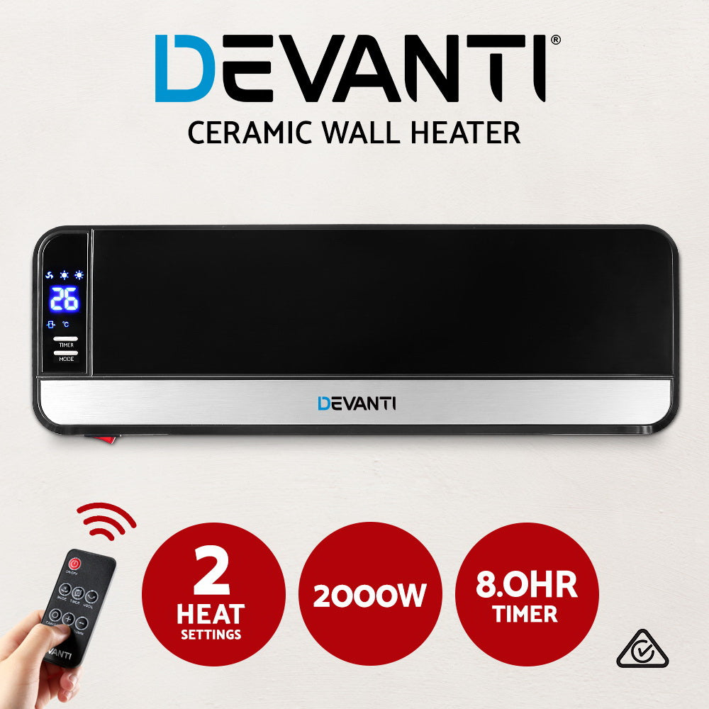 Devanti 2000W Wall Mounted Panel Heater - Black-Heaters-PEROZ Accessories