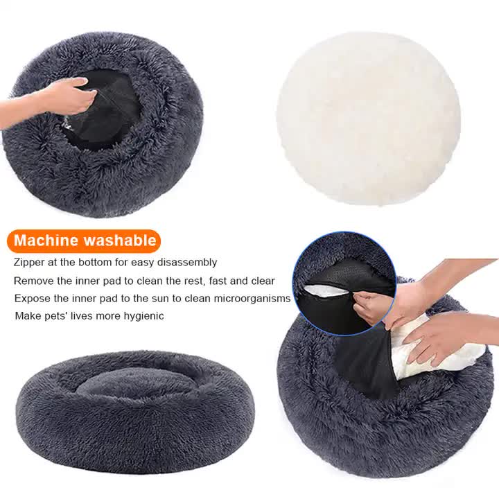 Calming Donut Pet Bed -Soft Faux Fur, Anti-Anxiety Fluffy Round Bed for Cats and Small Dogs (Black)40cm-Pet Care > Dog Supplies > Dog Beds-PEROZ Accessories