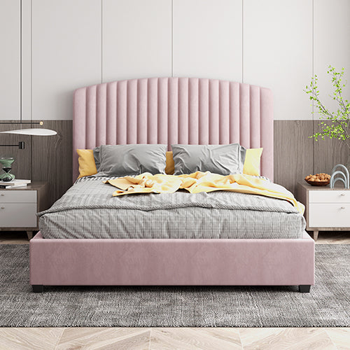 Camelia Double Size Bed Frame Pink Velvet Upholstery High Headboard Quality Slats Metal Structure-Furniture > Bedroom > Beds & Bed Frames-PEROZ Accessories