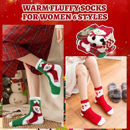 Christmas Socks - 6 Pairs Cozy Warm Fluffy Plush Bed Socks for Women, Girls - Cute Coral Fleece Xmas Indoor-Occasions > Christmas > Christmas Clothing-PEROZ Accessories