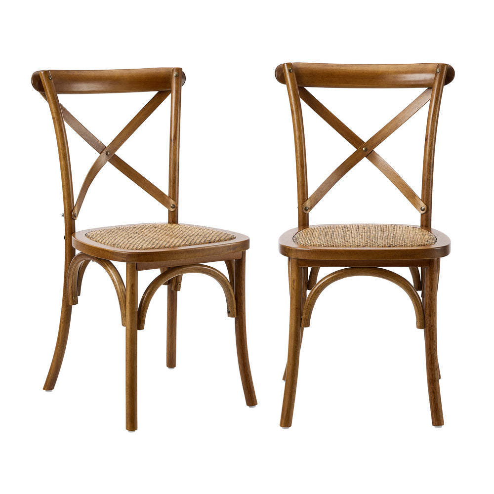 Oikiture 2PCS Crossback Wooden Dining Chair Rattan Seat Walnut-Dining Chairs-PEROZ Accessories