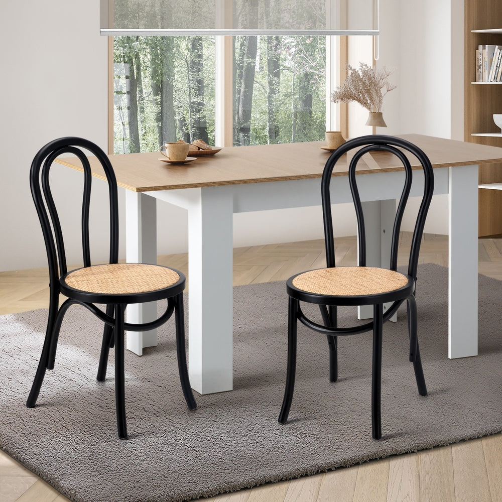 Oikiture 2PCS Dining Chair Solid Wooden Ratan Seat Black-Dining Chairs-PEROZ Accessories