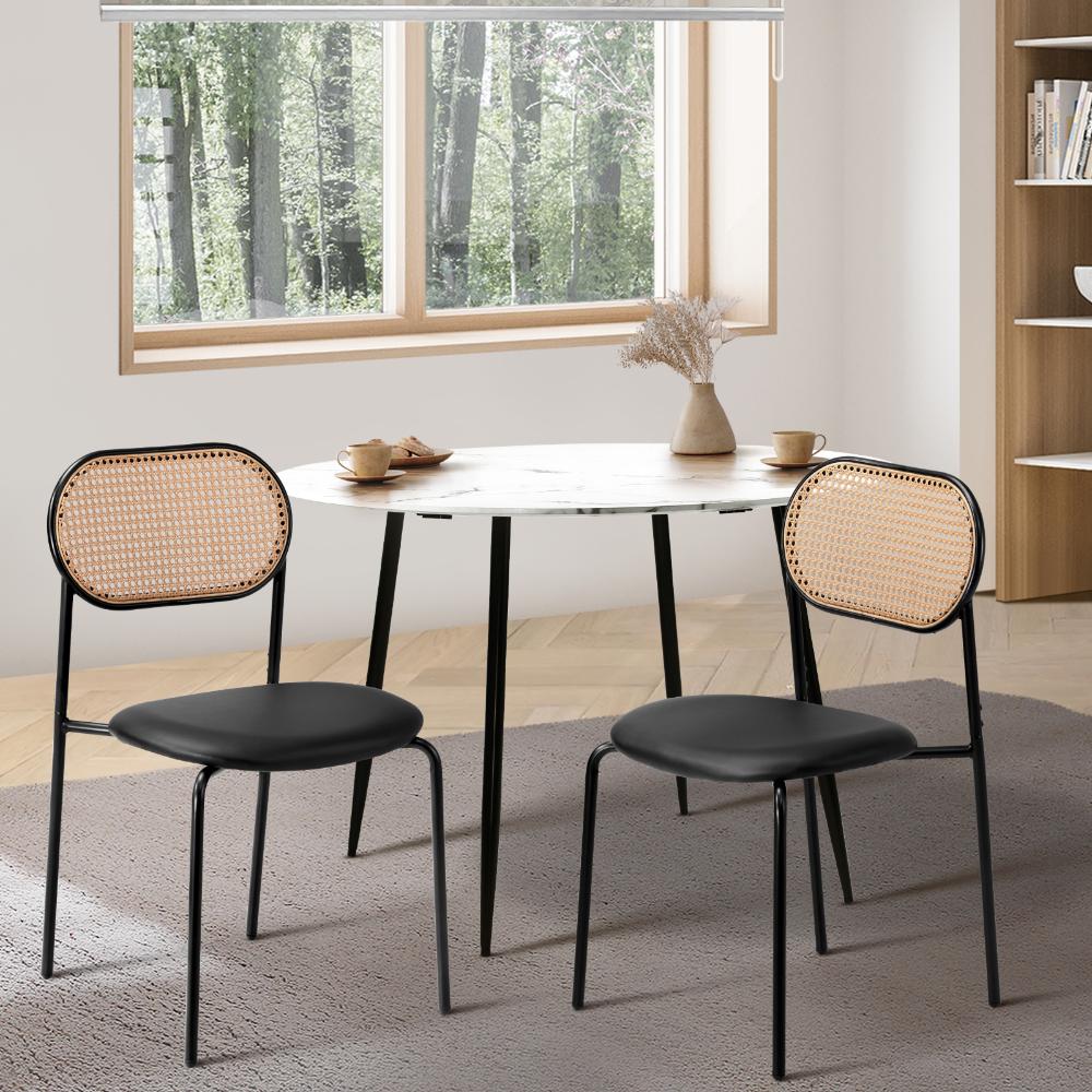 Oikiture 2PCS Rattan Dining Chair PU Leather Black-Dining Chairs-PEROZ Accessories