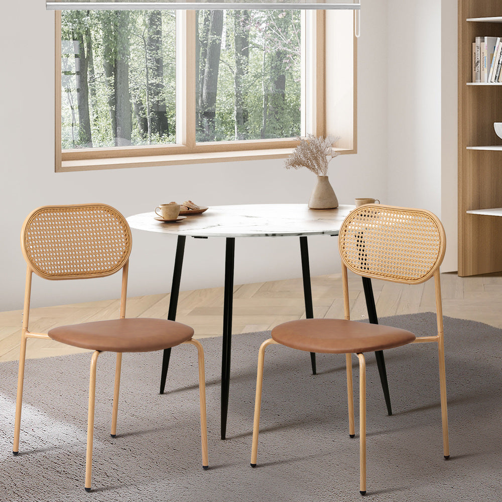 Oikiture 2PCS Dining Chair Rattan PU Leather Brown-Dining Chair-PEROZ Accessories