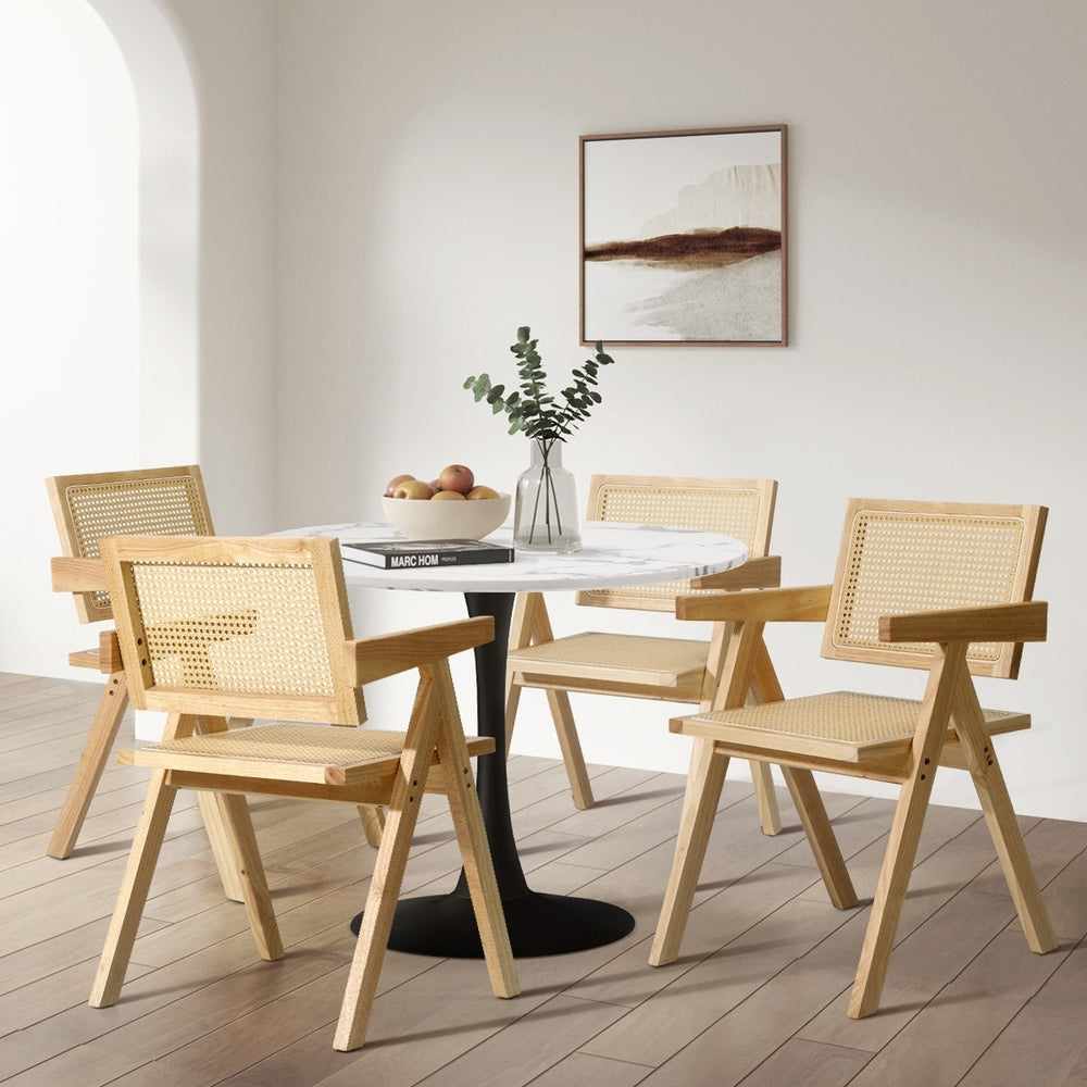 Oikiture 4x Wooden Dining Chairs Rattan Natural-Dining Chair-PEROZ Accessories