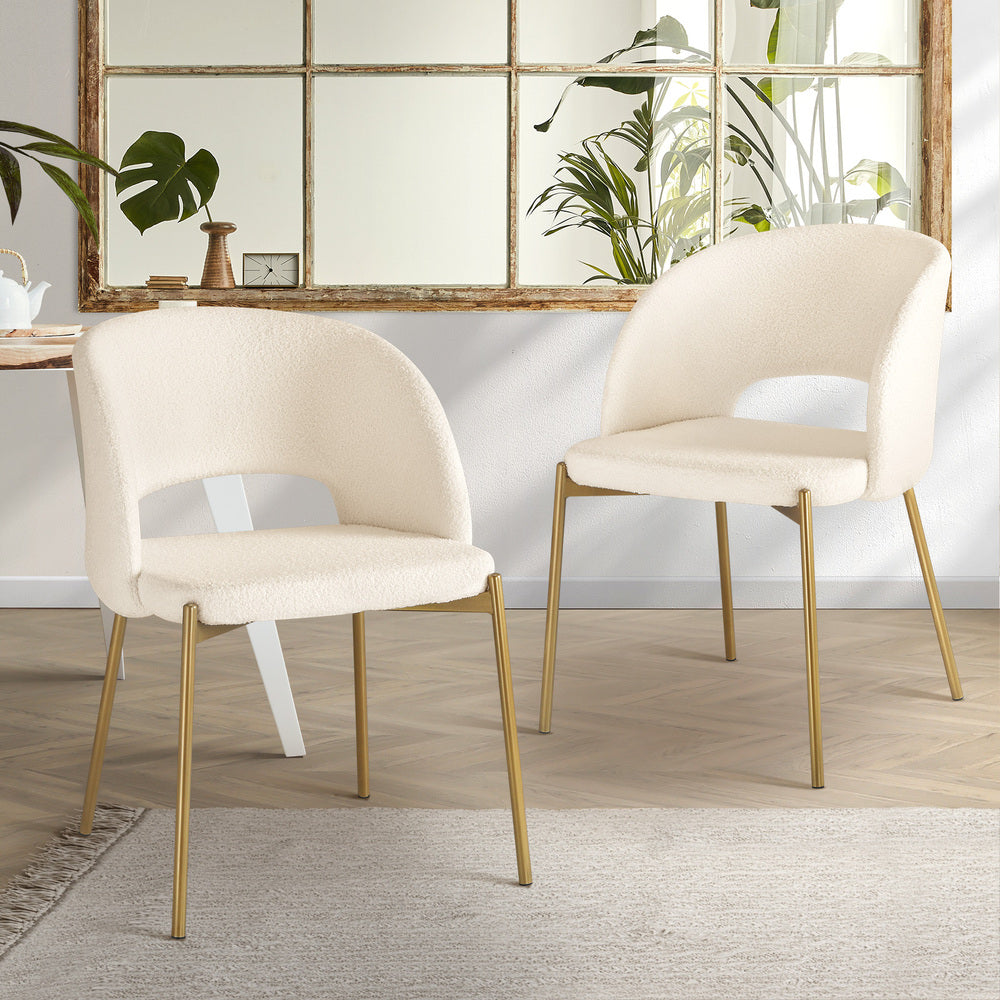 Oikiture Dining Chair Set of 2 Sherpa White and Gold-Dining Chairs-PEROZ Accessories