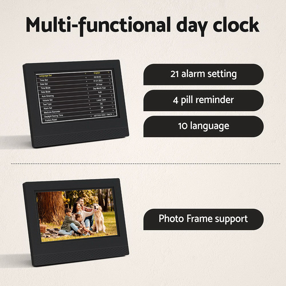 Artiss 7" Digital Day Clock Calendar Alarm Black-Home & Garden > Home & Garden Others-PEROZ Accessories