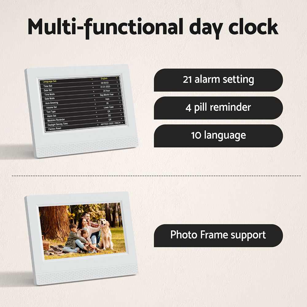 Artiss 7" Digital Day Clock Calendar Alarm White-Home & Garden > Home & Garden Others-PEROZ Accessories