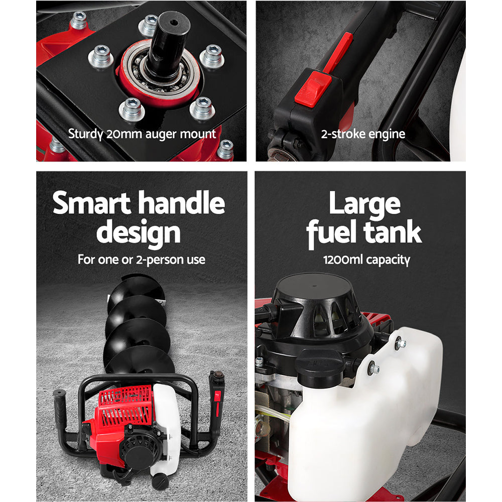 Giantz Post Hole Digger 92CC Petrol Motor Drill Extension Auger Bits Kits-Tools > Power Tools > Outdoor Power Equipment-PEROZ Accessories