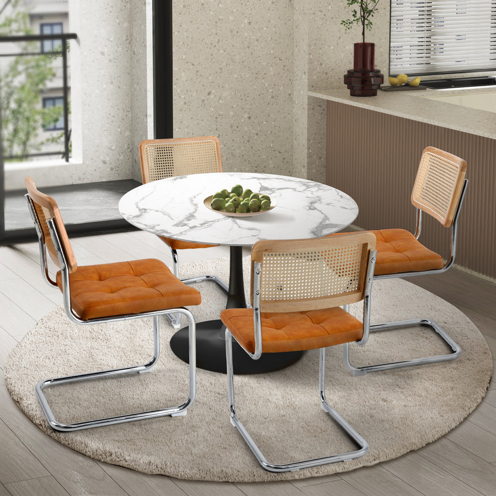 Oikiture 90cm Round Dining Table with 4PCS Chairs PU Leather Brown-Dining Set-PEROZ Accessories