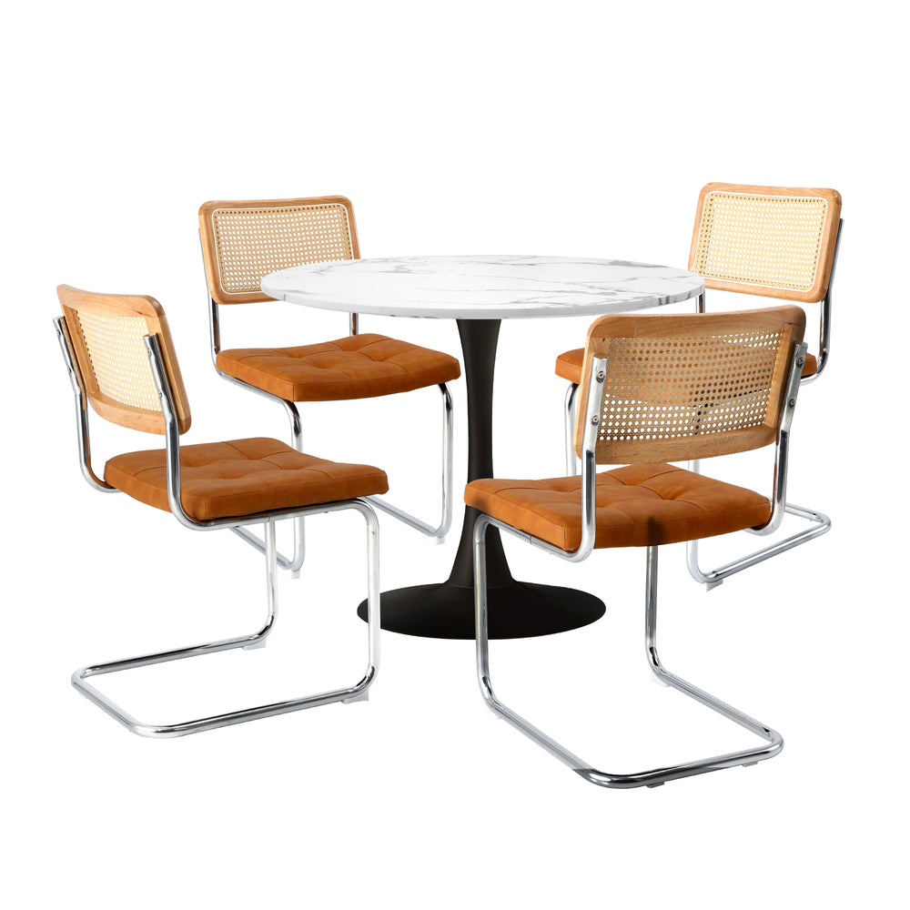 Oikiture 90cm Round Dining Table with 4PCS Chairs PU Leather Brown-Dining Set-PEROZ Accessories