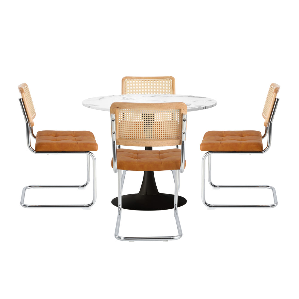 Oikiture 90cm Round Dining Table with 4PCS Chairs PU Leather Brown-Dining Set-PEROZ Accessories