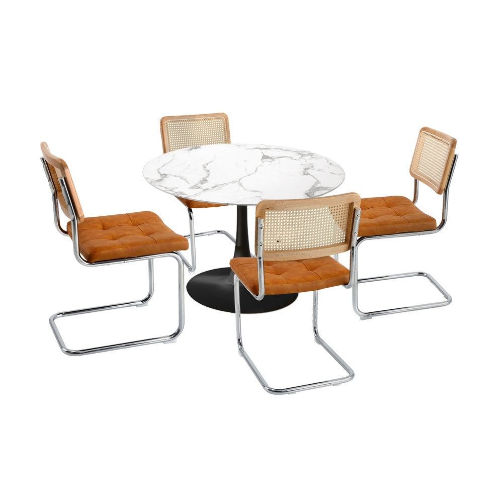 Oikiture 90cm Round Dining Table with 4PCS Chairs PU Leather Brown-Dining Set-PEROZ Accessories