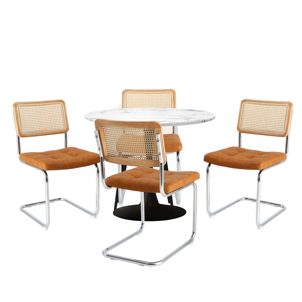 Oikiture 90cm Round Dining Table with 4PCS Chairs PU Leather Brown-Dining Set-PEROZ Accessories