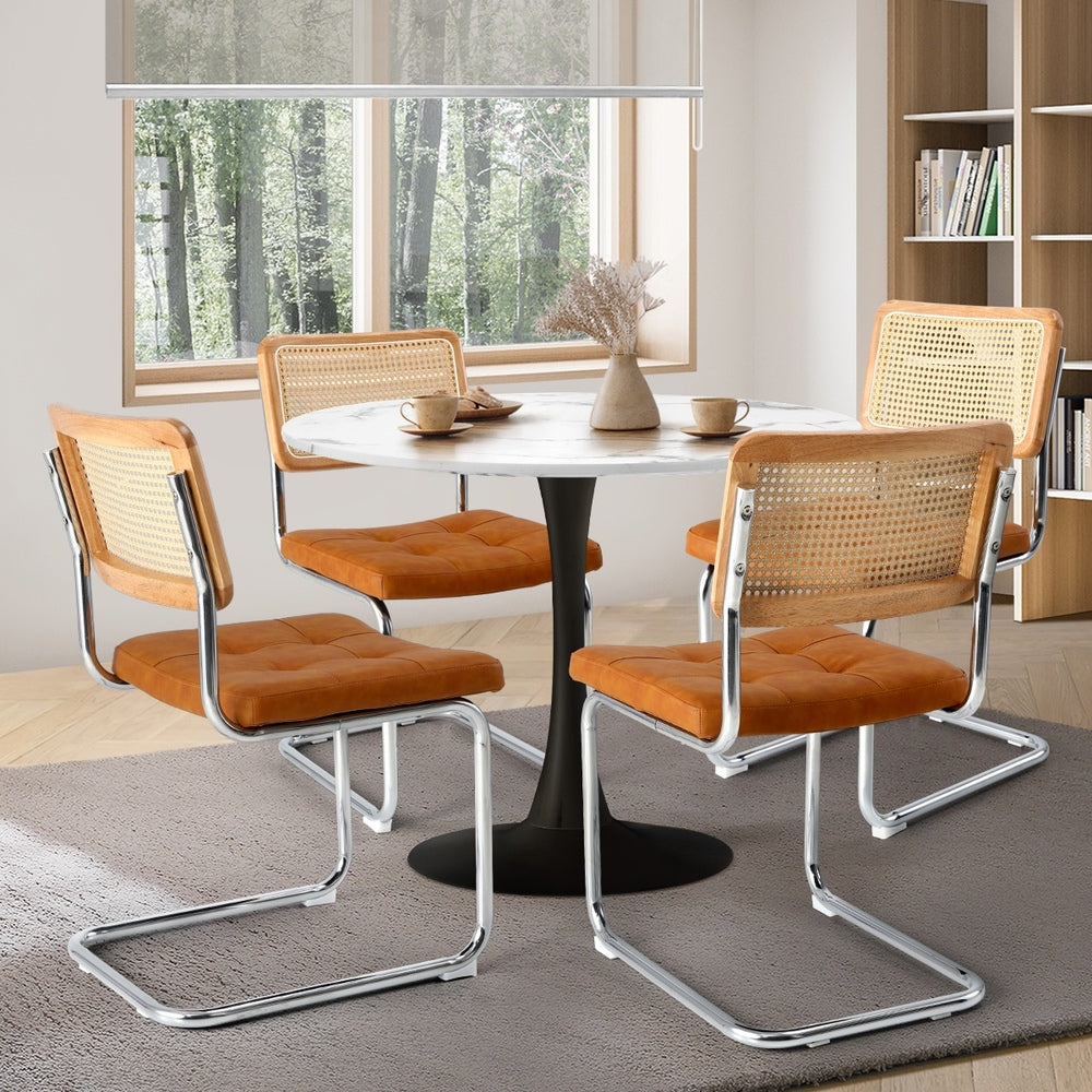 Oikiture 90cm Round Dining Table with 4PCS Chairs PU Leather Brown-Dining Set-PEROZ Accessories