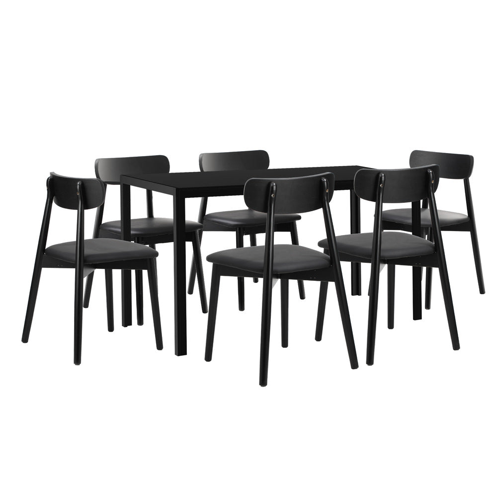 Oikiture 1.4m Dining Table with 6PCS Wooden Chairs Set PU Leather Black-Dining Set-PEROZ Accessories