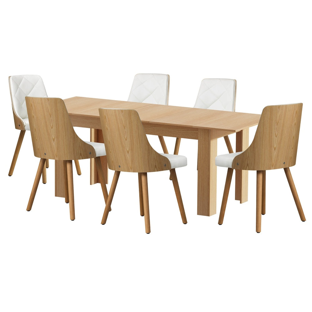Oikiture 200cm Extendable Dining Table with 6PCS Dining Chairs PU Leather White-Dining Sets-PEROZ Accessories