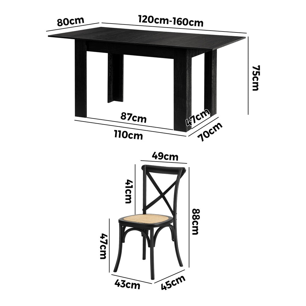 Oikiture 160cm Extendable Dining Table with 6PCS Dining Chairs Geometric Black-Dining Set-PEROZ Accessories