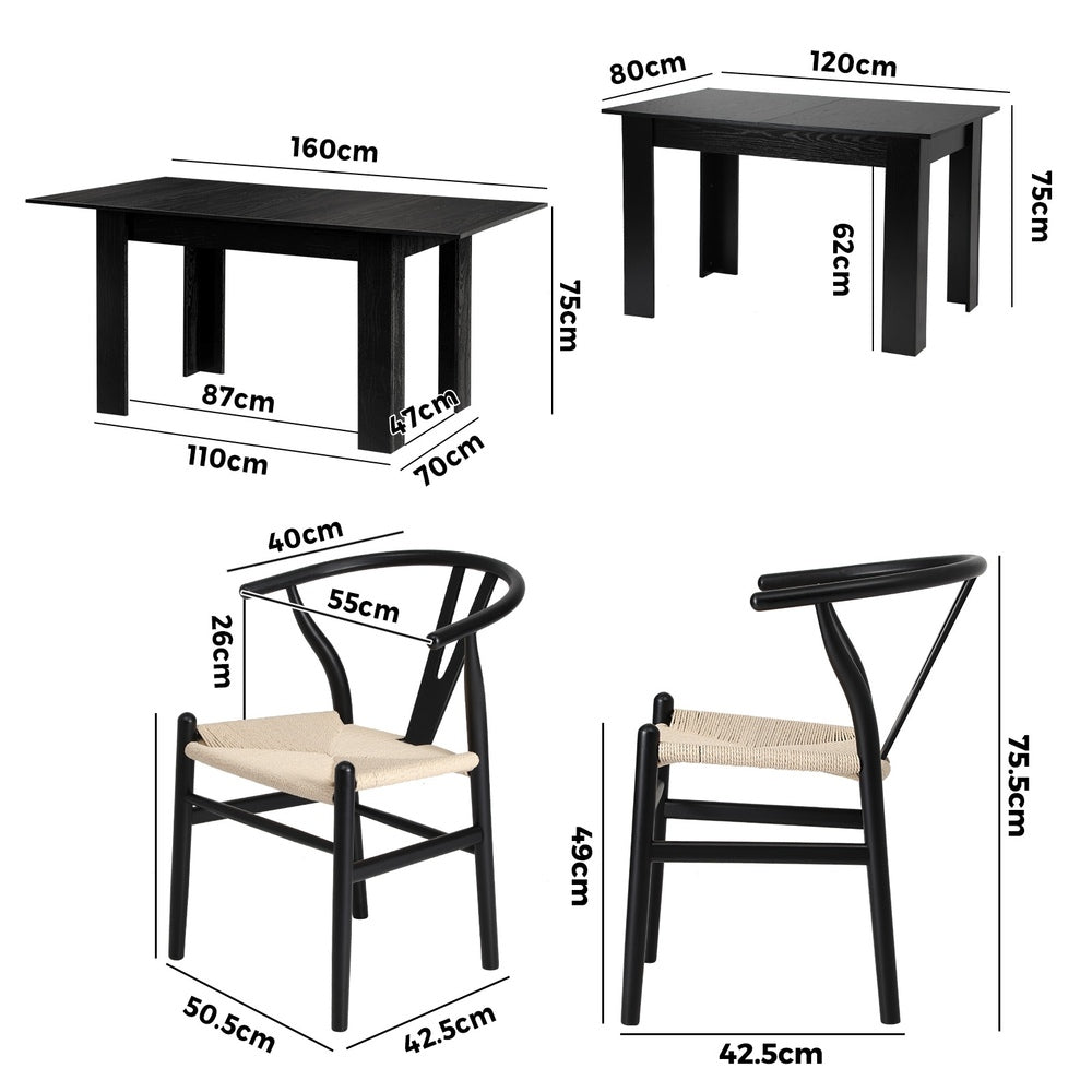 Oikiture 160cm Extendable Dining Table with 6x Hans Wegner Dining Chairs Black-Dining Set-PEROZ Accessories