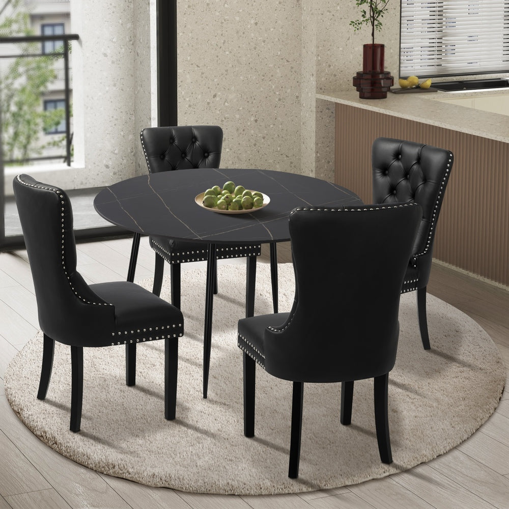 Oikiture 110cm Round Dining Table with 4PCS Chairs Velvet Black-Dining Set-PEROZ Accessories