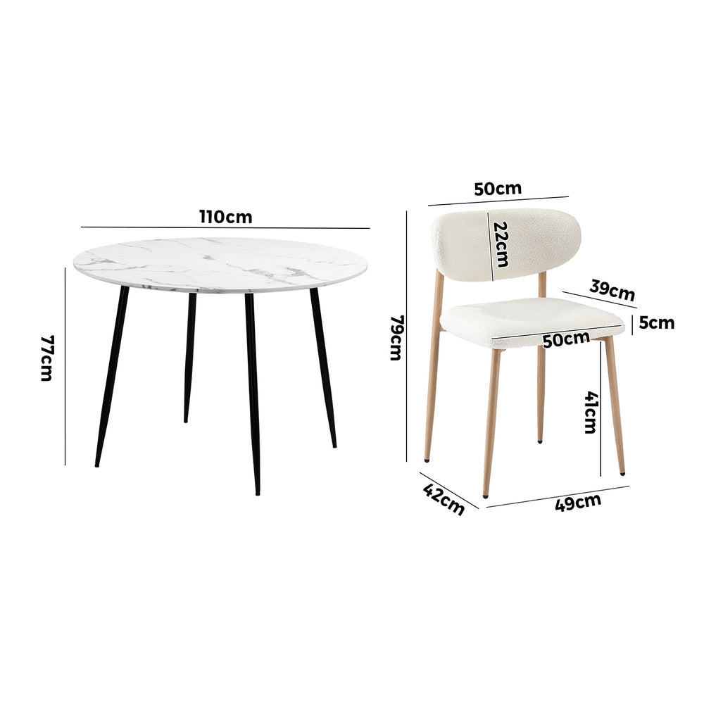 Oikiture 110cm Round Dining Table with 4x Dining Chairs Boucle White-Dining Set-PEROZ Accessories