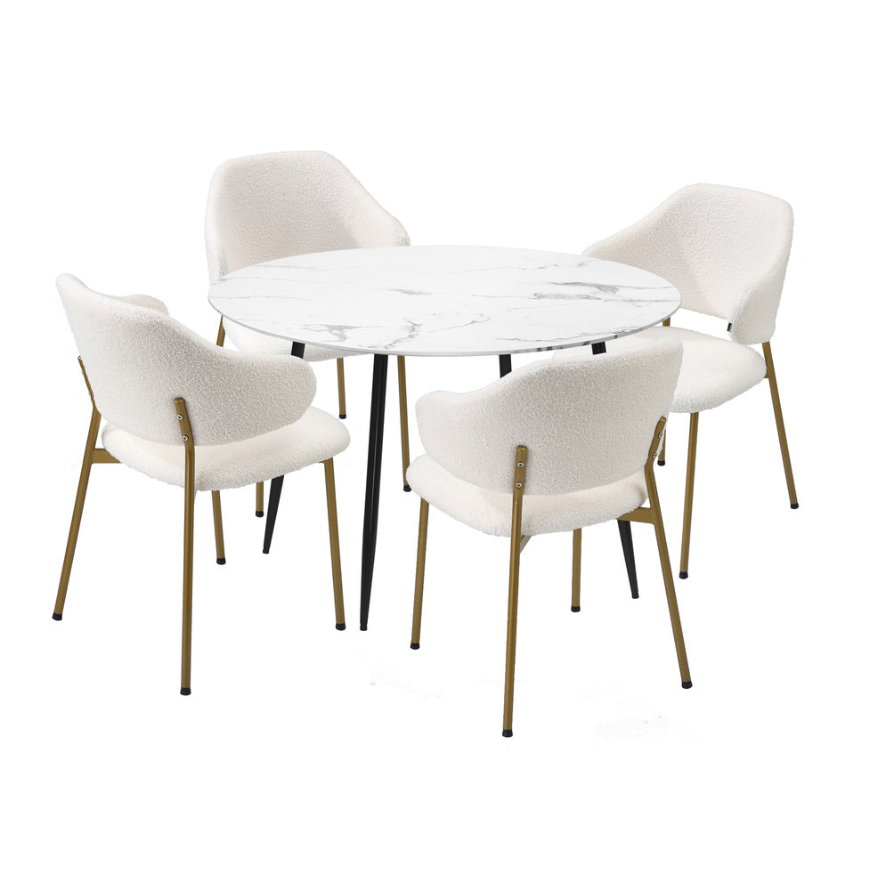 Oikiture 110cm Round Dining Table with 4PCS Chairs Sherpa Gold-Dining Set-PEROZ Accessories