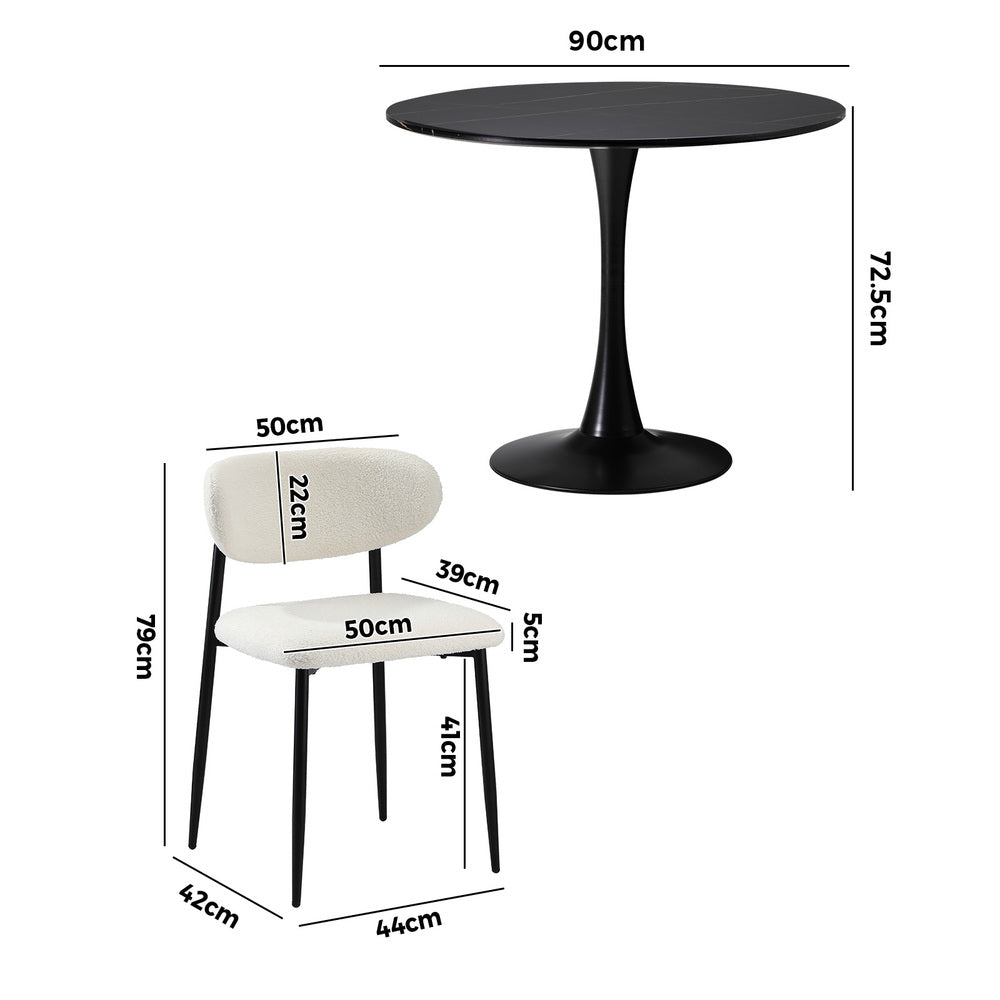 Oikiture 90cm Round Dining Table with 4x Dining Chairs Boucle Black & White-Dining Set-PEROZ Accessories