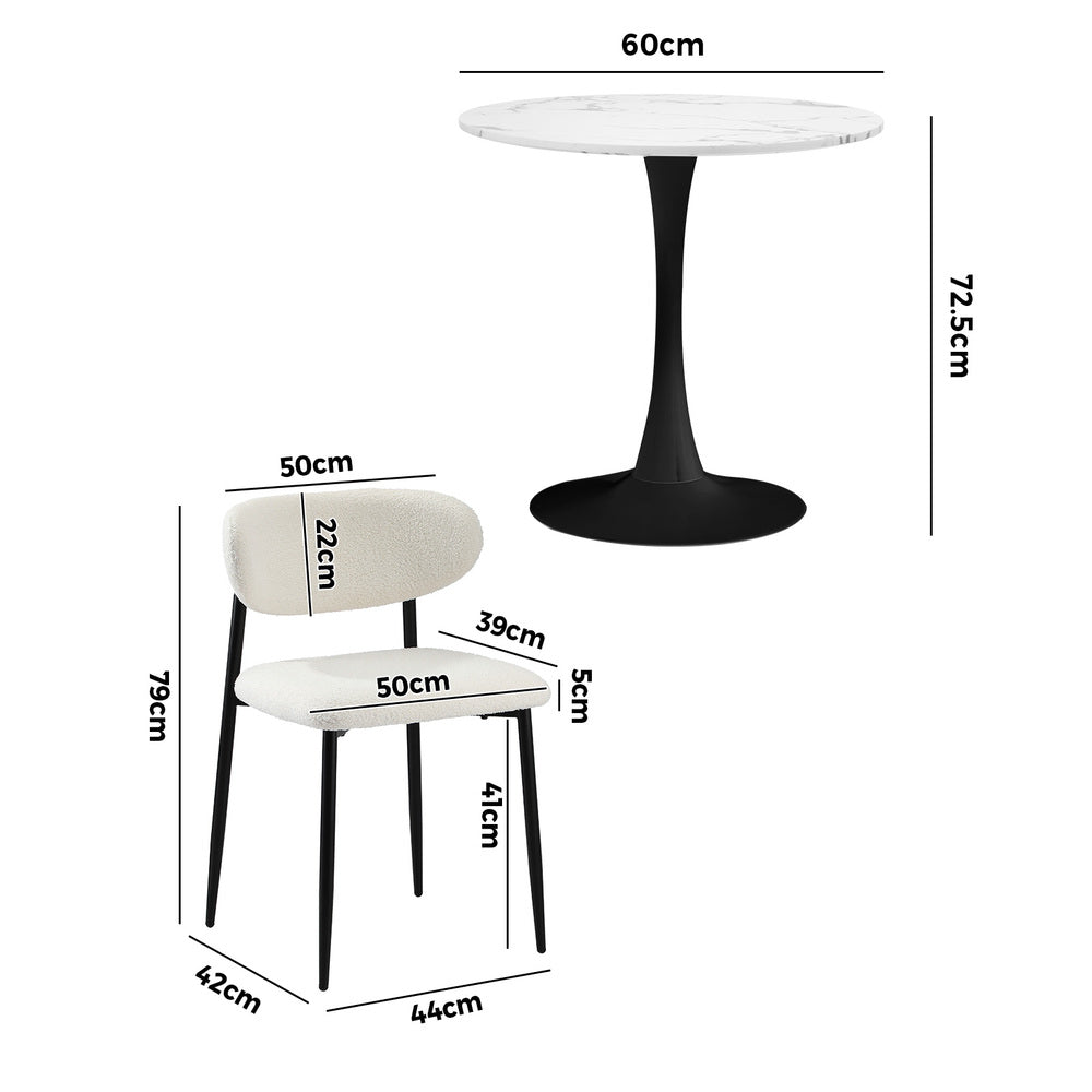 Oikiture 60cm Round Dining Table with 2x Dining Chairs Boucle White&Black-Dining Sets-PEROZ Accessories