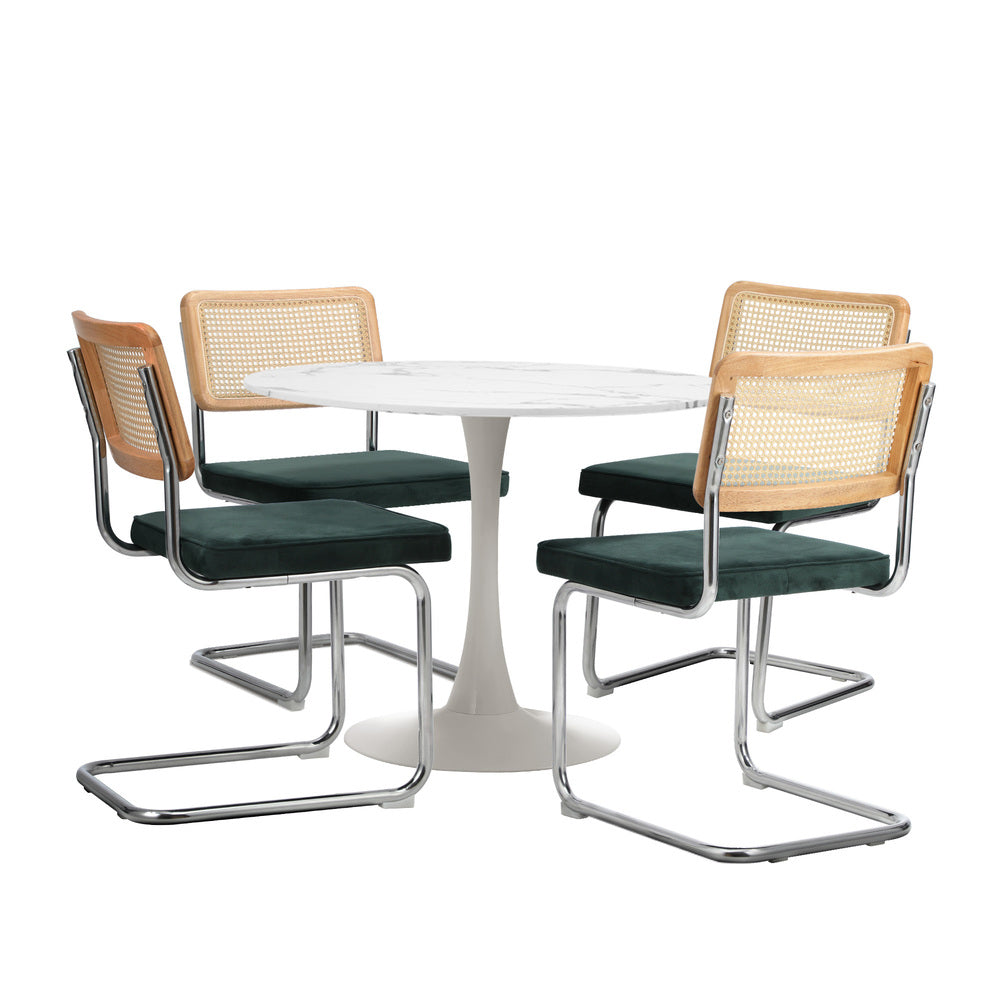 Oikiture 90cm Round Dining Table with 4PCS Dining Chairs Velvet White&Green-Dining Sets-PEROZ Accessories